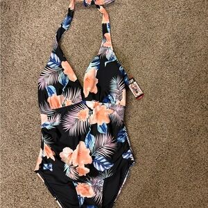 Ladies Floral Halter One-Piece Swimsuit - Black with Peach & Blue Floral